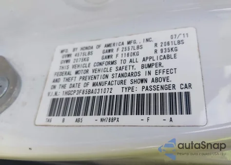 2011 Honda Accord 3.5 Ex-L z USA, uszkodzony, nr VIN 1HGCP3F85BA031072